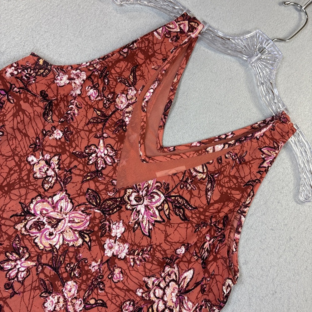 Maurices Floral Sheer Mesh V-Neck Tank Top Small Orange Sleeveless Boho Blouse